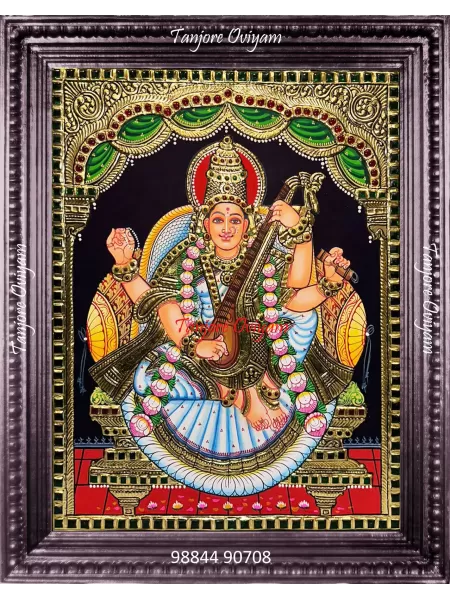 Saraswathi Devi with garland Tanjore painting